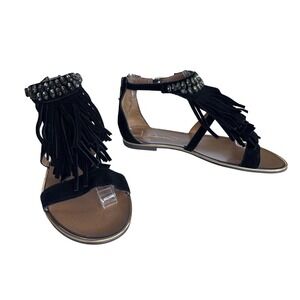 Suede Gladiator Black Fringe Ankle Strap Sandals‎ Size 6